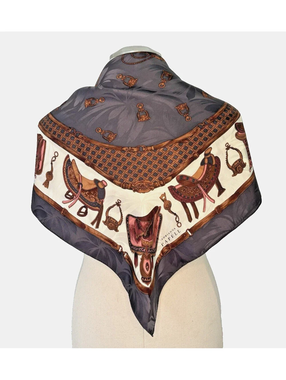 Vintage 90's Adrianna Papell Silk Scarf Hand Rolled Equestrian 34